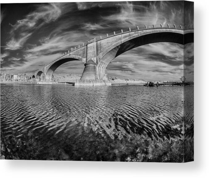 Infrared Canvas Print featuring the photograph Bridge Curvature in Black and White by Greg Nyquist