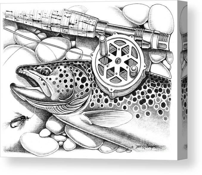 Jon Q Wright Canvas Print featuring the painting Brown Trout and Antique Reel by JQ Licensing