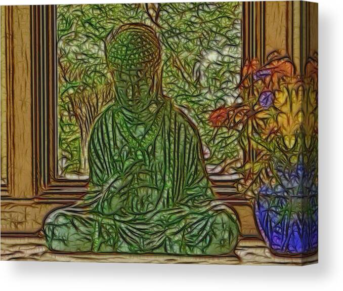 Hdr Canvas Print featuring the digital art Buddha in Window with Blue Vase by Larry Capra