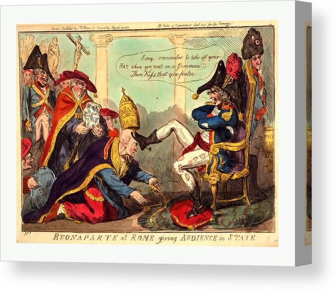 Buonaparte Canvas Print featuring the drawing Buonaparte At Rome Giving Audience In State, Cruikshank by English School