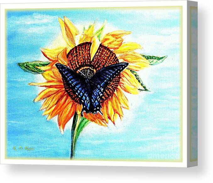 Sunflower Illuminated By The Power And Light Of The Sun Blue Skies Blue Butterfly Lighting Upon Flower Looks Like He Is flying The Sunflower Sunflower And Butterfly Paintings Acrylic Paintings Canvas Print featuring the painting Butterfly Sunday Cropped and Enhanced with Border by Kimberlee Baxter