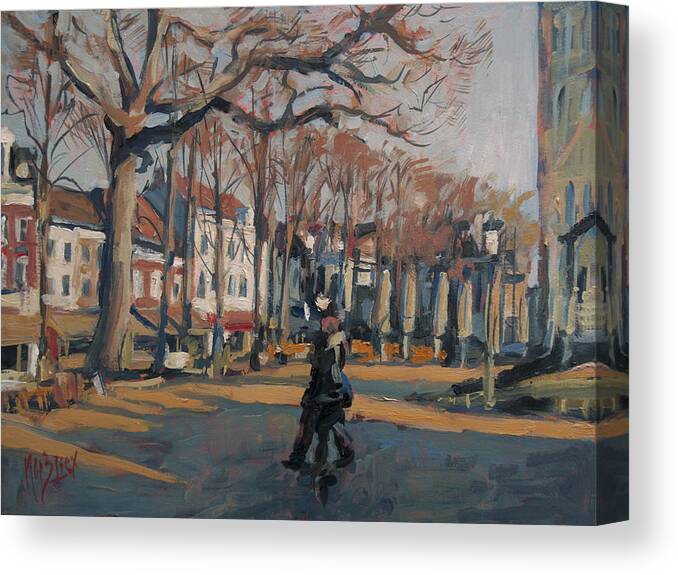 Munsterplein Canvas Print featuring the painting Cafes along the Munster Square Roermond by Nop Briex