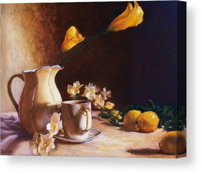 Still Life Canvas Print featuring the pastel Cala lily and lemon by Celine K Yong