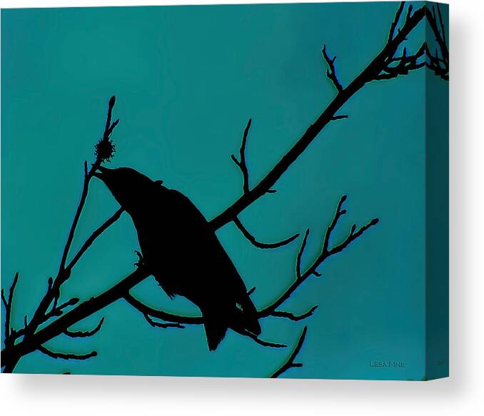 Crow Canvas Print featuring the mixed media Call of the Crow on Aqua 2 by Lesa Fine