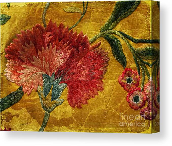Jacobean Canvas Print featuring the photograph Carnation embroidered on silk brocade by Brenda Kean