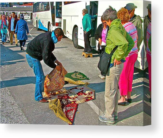 Carpet Salesmen Near Ferry Dock In Canakkale Along The Dardenelles Canvas Print featuring the photograph Carpet Salesmen near Ferry Dock in Canakkale- Turkey by Ruth Hager