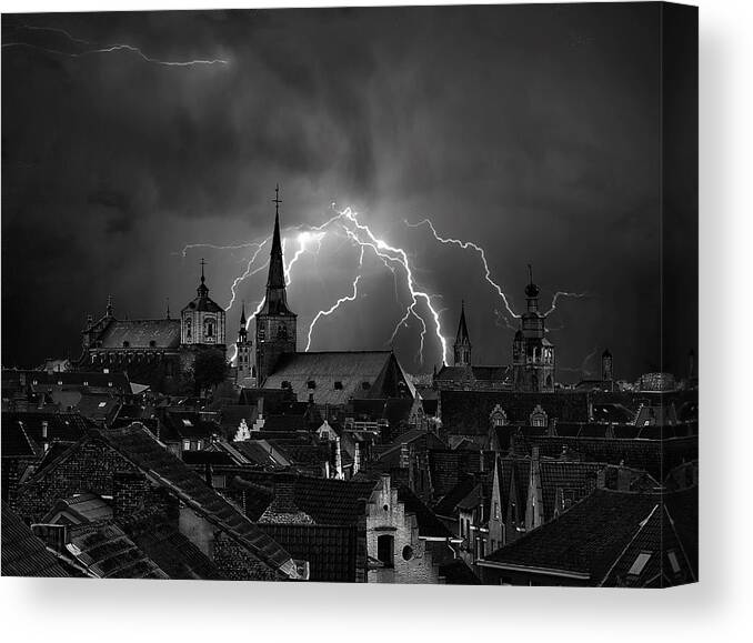 Belgium Canvas Print featuring the photograph Chaos In The Sky Of Bruges by Yvette Depaepe