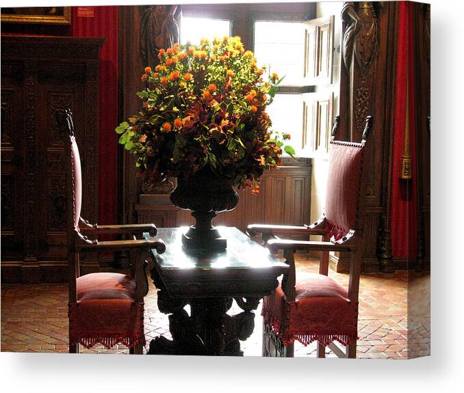 Chateau Chenonceau Canvas Print featuring the photograph Chateau de Chenonceau Flowers and Chairs by Randi Kuhne