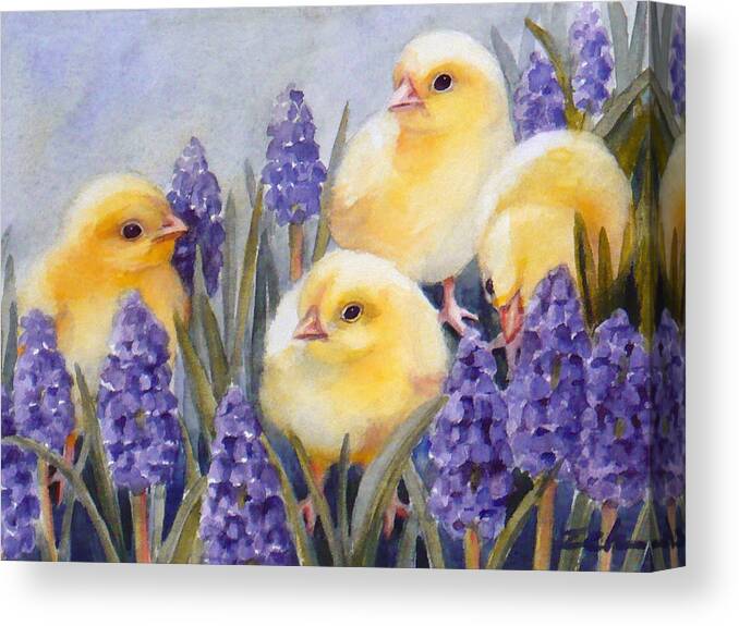 Baby Chicks Canvas Print featuring the painting Chicks Among the Hyacinth by Janet Zeh