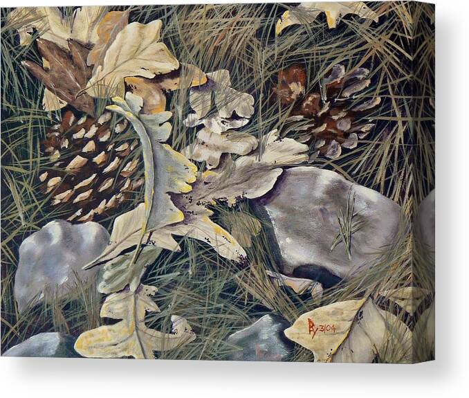 Outdoors Canvas Print featuring the painting Cones Rocks Leaves and Needles by Ray Nutaitis