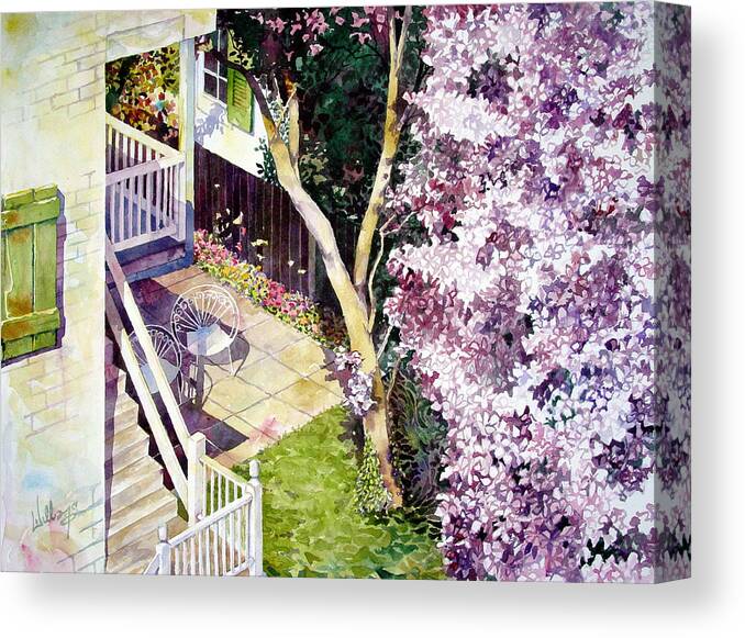 Watercolor Canvas Print featuring the painting Courtyard with Cherry Blossoms by Mick Williams