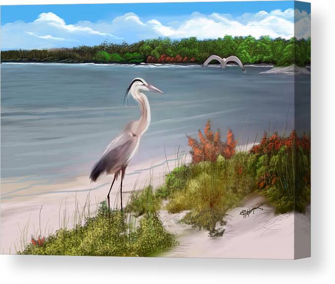 Anthony Fishburne Canvas Print featuring the digital art Crane by the sea shore by Anthony Fishburne