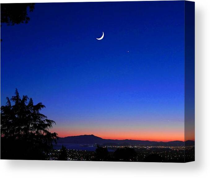  Canvas Print featuring the pyrography Crescent Moon San Francisco Bay by Diane Lynn Hix