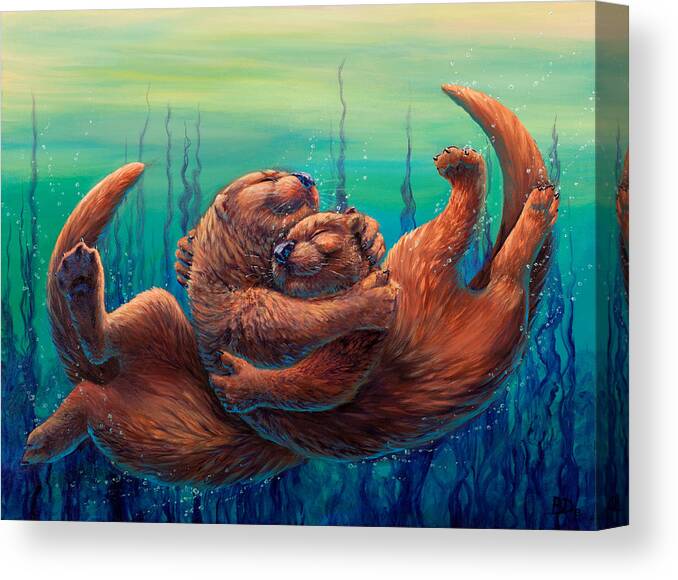 Otter Canvas Print featuring the painting Cuddles and Bubbles by Beth Davies