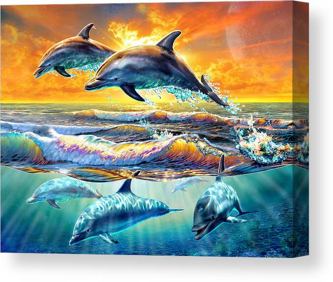 Adrian Chestermanelegancejumpingoceanspiritualityagilityfriendsh Canvas Print featuring the photograph Dolphins at Dawen by MGL Meiklejohn Graphics Licensing