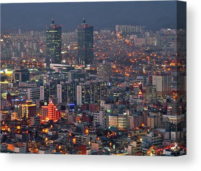 Downtown District Canvas Print featuring the photograph Downtown At Night In South Korea by Copyright Michael Mellinger