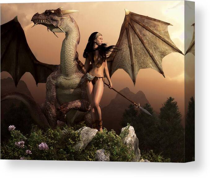 Dragon Canvas Print featuring the digital art Dragon and Druidess by Kaylee Mason