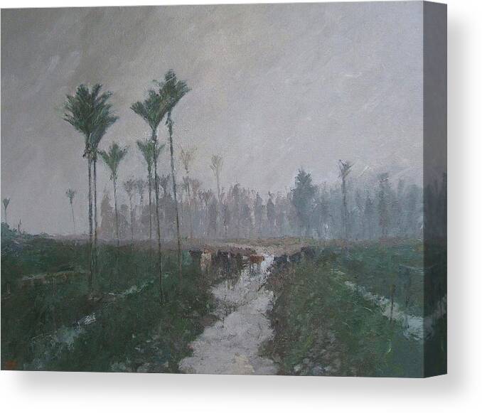 Landscape.cows Canvas Print featuring the painting Drainage Channels On The West Coast by Malcolm Mason