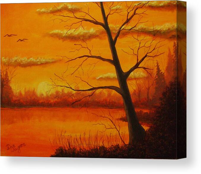 Sunset Canvas Print featuring the painting Duck sunset by Dan Wagner