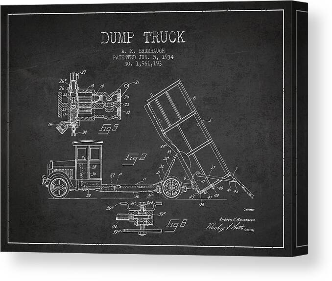 Dump Truck Canvas Print featuring the digital art Dump Truck patent drawing from 1934 by Aged Pixel