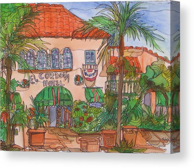 Colorful Landscape Watercolor Painted On Location Canvas Print featuring the painting El Cordova-Coronado by Michelle Gonzalez