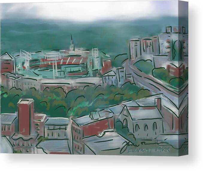 Fenway Park Canvas Print featuring the painting Fenway Park In The Mist by Jean Pacheco Ravinski