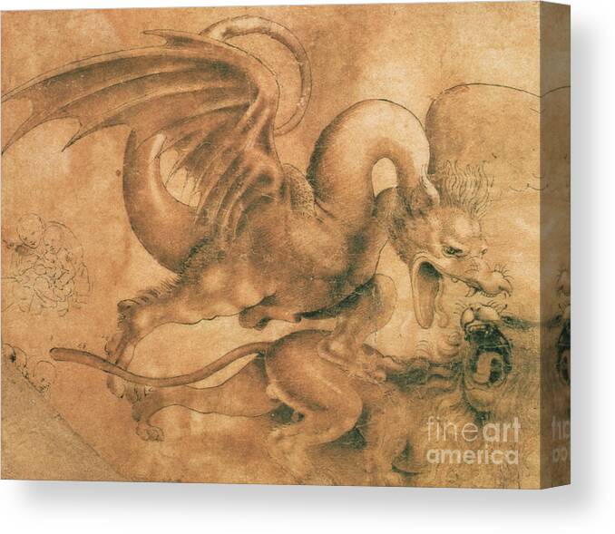 Renaissance Canvas Print featuring the drawing Fight between a Dragon and a Lion by Leonardo da Vinci by Leonardo da Vinci