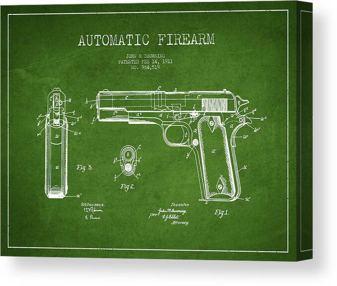 Gun Canvas Print featuring the digital art Firearm Patent Drawing from 1911 - Green by Aged Pixel