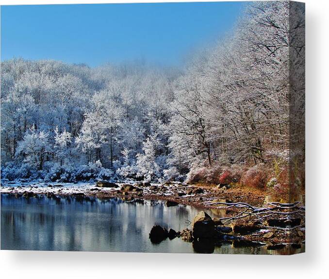 Hudson Valley Landscapes Canvas Print featuring the photograph First Snow at Lake Welch by Thomas McGuire