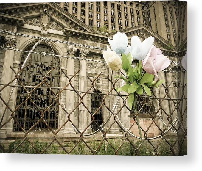 Michigan Central Station Canvas Print featuring the photograph Flowers For Detroit by Priya Ghose