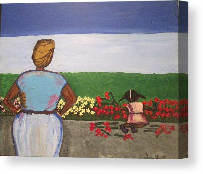 Child Canvas Print featuring the painting Flowers for Tantie by Jennylynd James