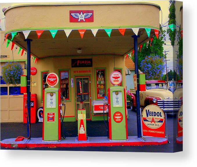 Old Gas Station Canvas Print featuring the photograph Flying A Gas Station by Randall Weidner