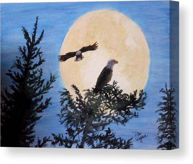 Eagles Canvas Print featuring the painting Full Moon Eagle Flight by Dan Wagner