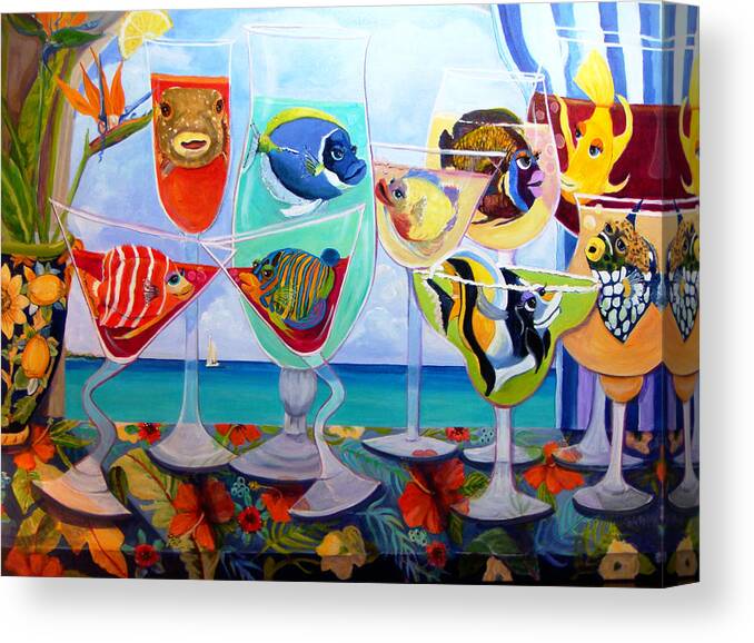 Cocktail Art Canvas Print featuring the painting GirlFINS in Paradise by Linda Kegley