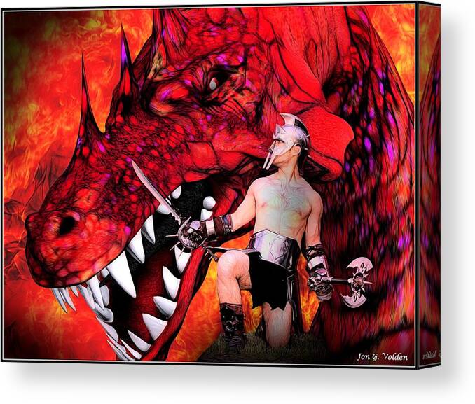 Fantasy Canvas Print featuring the painting Gladiator vs Dragon by Jon Volden