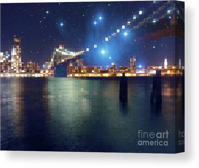 Manhattan Canvas Print featuring the digital art Glass Block Brooklyn Bridge Among the Stars by Beverly Claire Kaiya