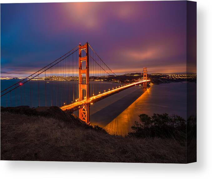 Golden Canvas Print featuring the photograph Golden Gate at Twilight by Mike Lee