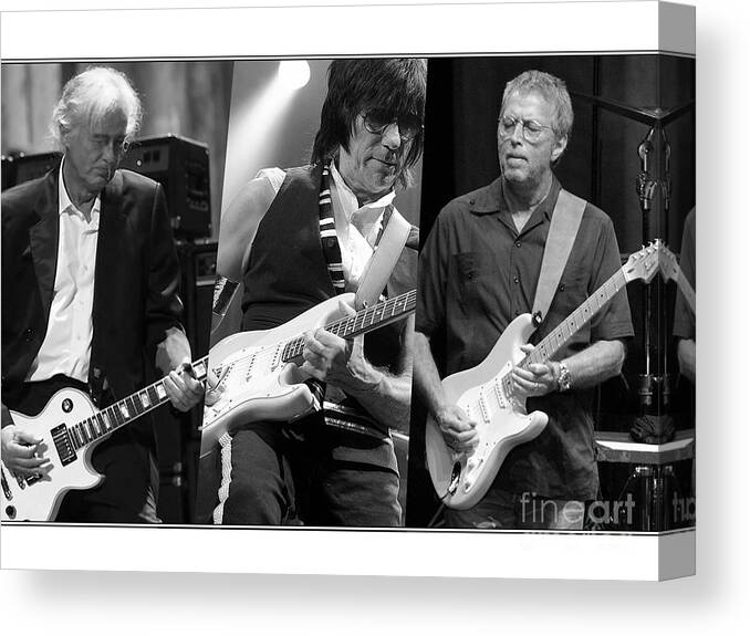 Jeff Beck Art Canvas Print featuring the mixed media Guitar Legends Jimmy Page Jeff Beck and Eric Clapton by Marvin Blaine
