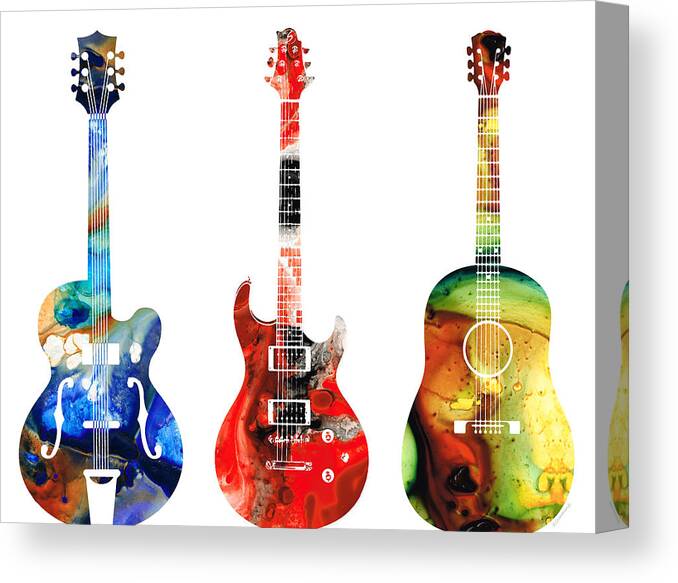 Guitar Canvas Print featuring the painting Guitar Threesome - Colorful Guitars By Sharon Cummings by Sharon Cummings