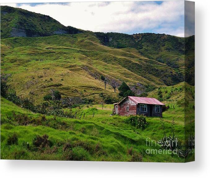 Green Hillside Canvas Print featuring the photograph Hillside Cabin by Michele Penner