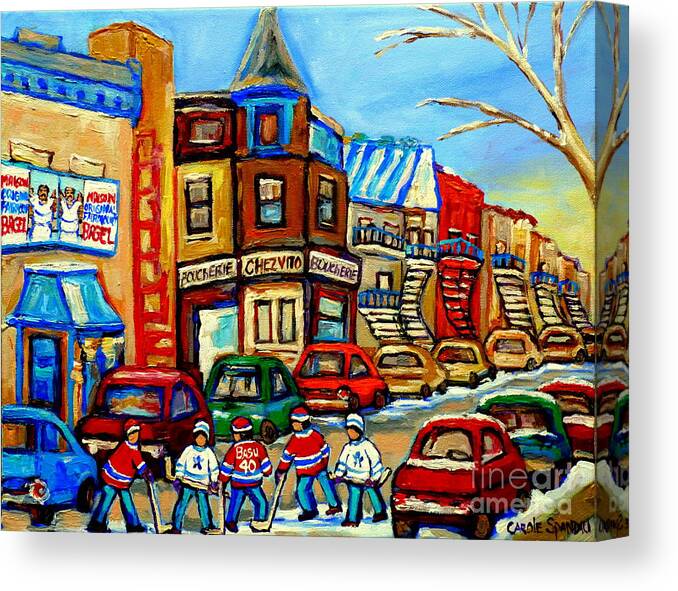 Boucherie Chez Vito Fairmount Street Scene Canvas Print featuring the painting Hockey Art Montreal Winter Street Scene Painting Chez Vito Boucherie And Fairmount Bagel by Carole Spandau