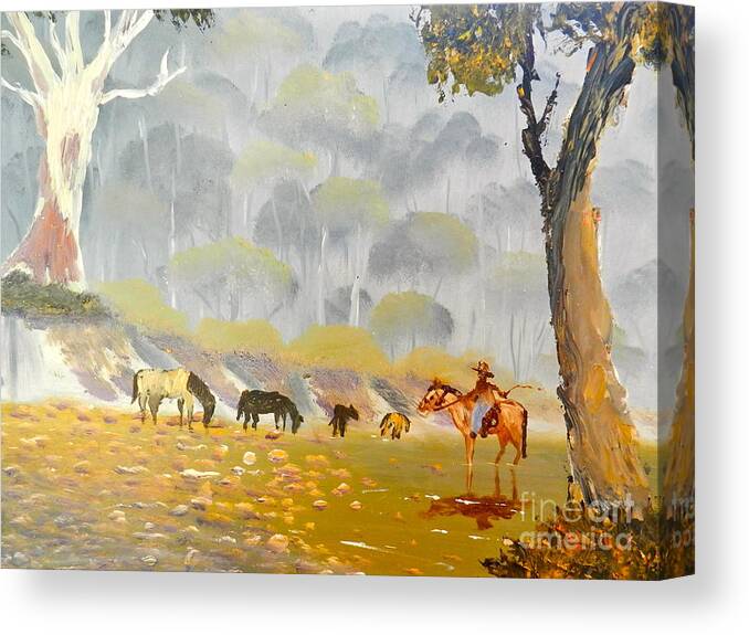 Impressionism Canvas Print featuring the painting Horses Drinking in the Early Morning Mist by Pamela Meredith