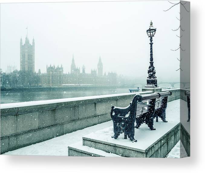 Clock Tower Canvas Print featuring the photograph Houses Of Parliament In The Snow by Doug Armand