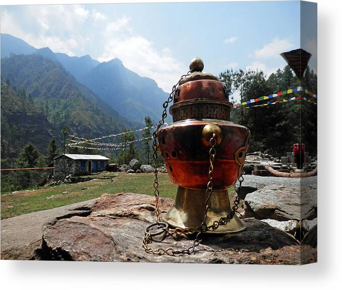 Incense Canvas Print featuring the photograph Incense Pot and Mountains by Pema Hou