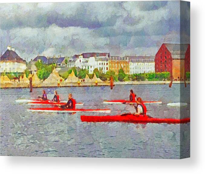 Attraction Canvas Print featuring the digital art Kayakers in Copenhagen by Digital Photographic Arts