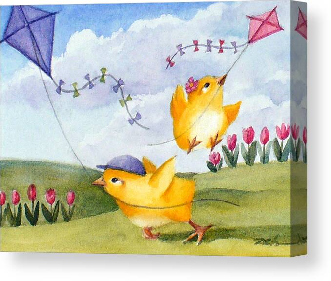 Baby Chicks Print Canvas Print featuring the painting Kites in March by Janet Zeh