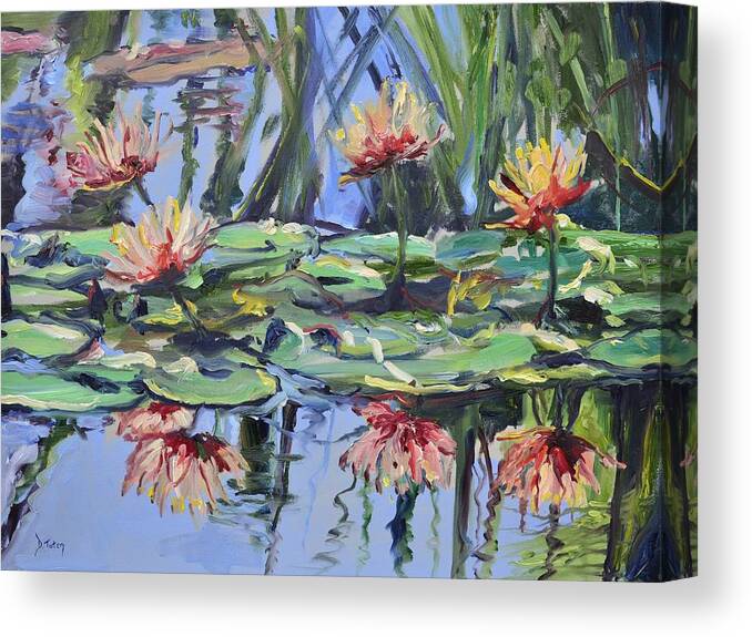 Lily Canvas Print featuring the painting Lily Pond Reflections by Donna Tuten