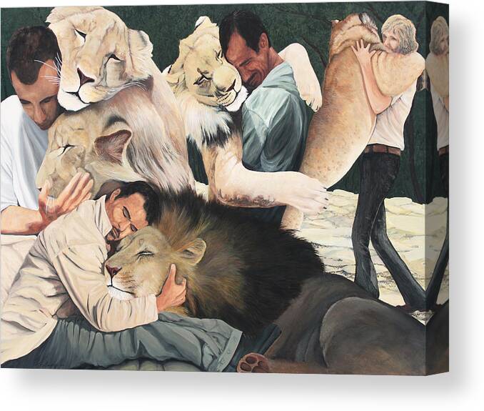 Lion Hug Canvas Print featuring the painting Lion Hugs by Cory Calantropio