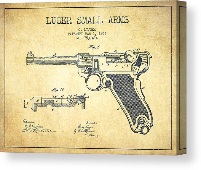 Revolver Canvas Print featuring the digital art Lugar Small Arms Patent Drawing from 1904 - Vintage by Aged Pixel