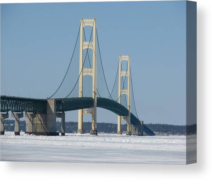 Mackinac Bridge Canvas Print featuring the photograph Mackinac Bridge in Winter by Keith Stokes